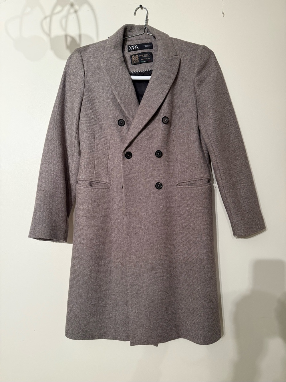 Zara Taupe Double-Breasted Wool Blend Pea Coat